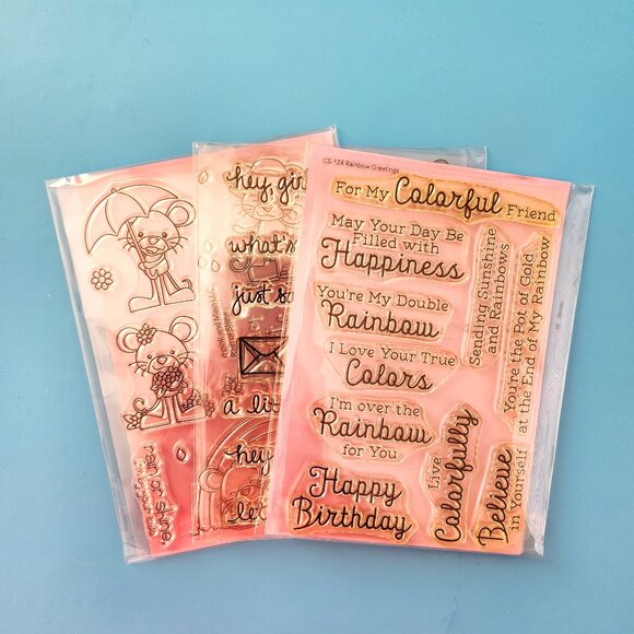 Other - #44 - (3) Stamp Sets - Friendship Rainbow Hello Flowers Telephone Birthday